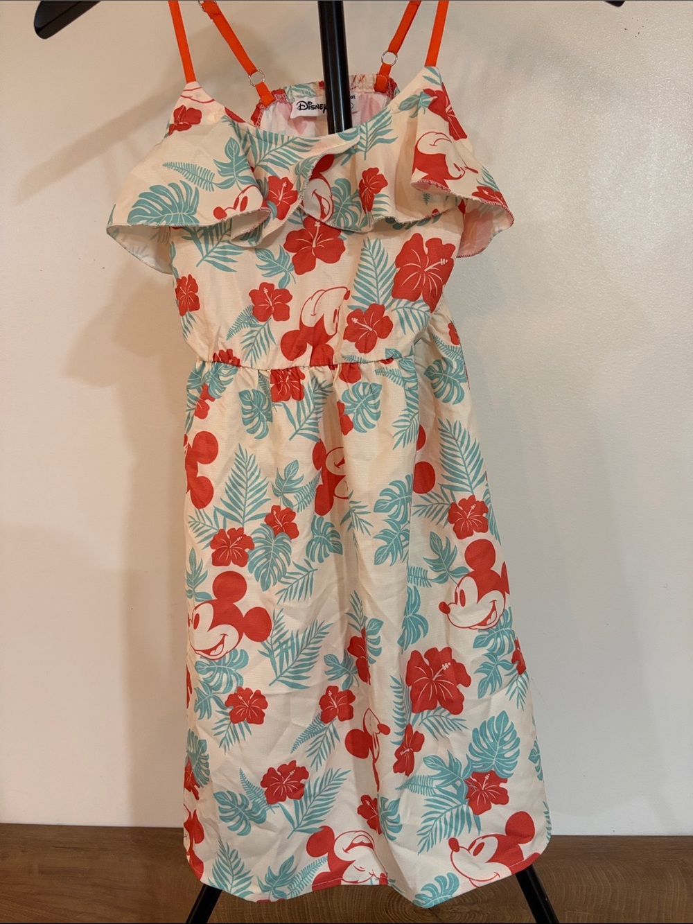 Disney Girls' Cream Dress with Red Floral & Teal Leaf Print like new